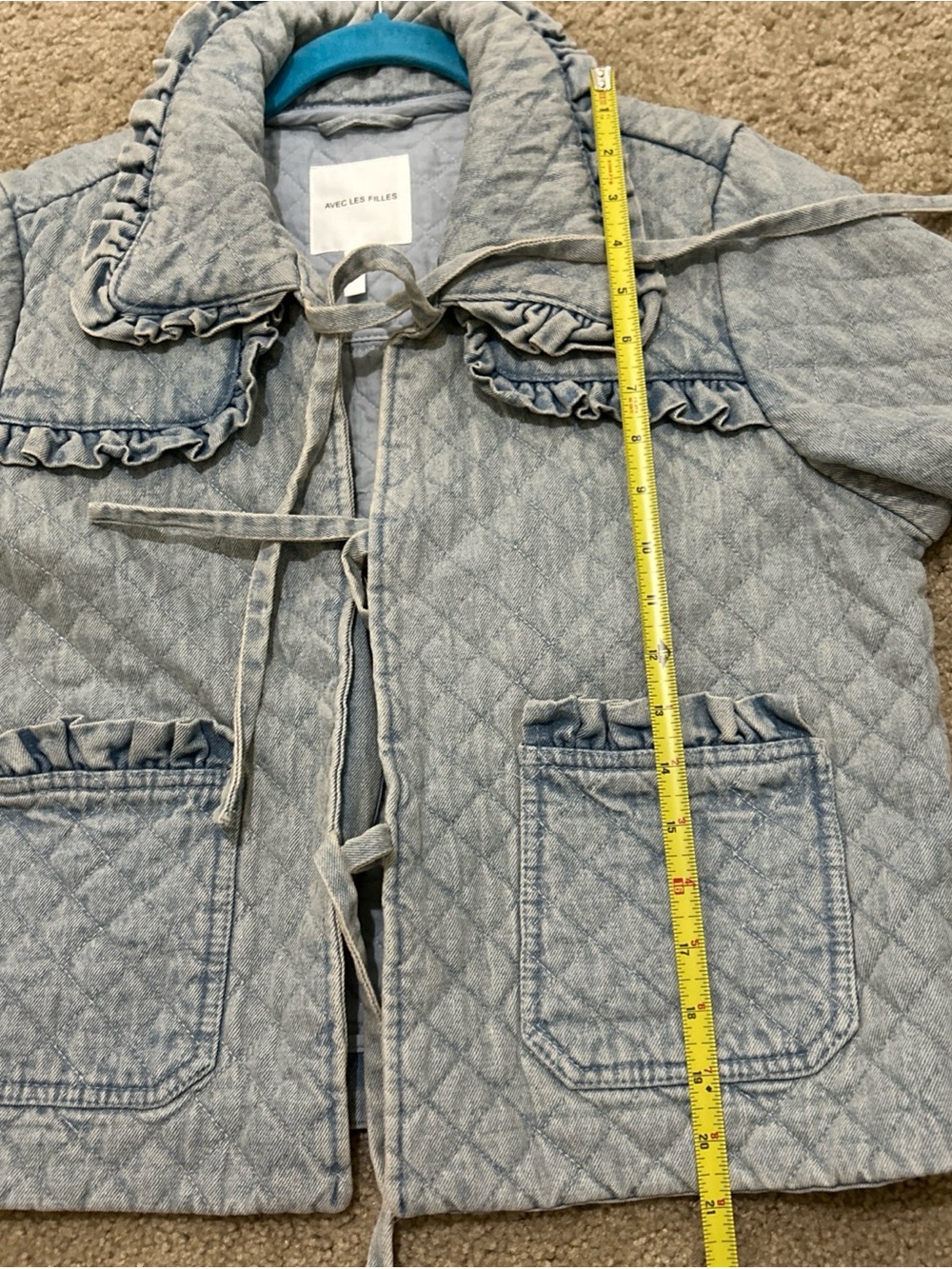 Avec Les Filles Denim Quilted Jacket Maura Bow Tie Preppy Boho Medium NWT - Picture 9 of 12